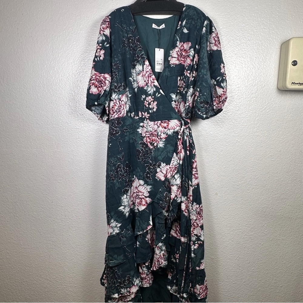 City Chic Teal Floral High-Low Wrap Dress with Pink Blooms